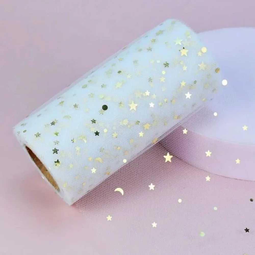 3 Rolls White Mesh Tulle Wide Ribbon with Gold Moons & Stars